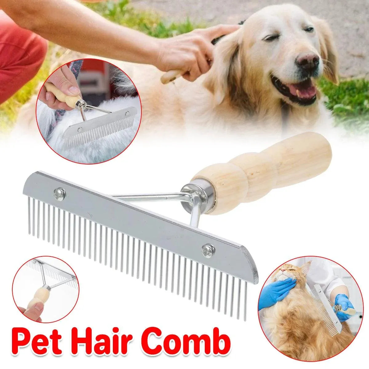 Wood-Handle Pet Grooming Rake & Deshedding Comb