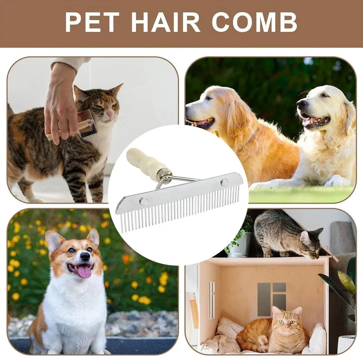 Wood-Handle Pet Grooming Rake & Deshedding Comb