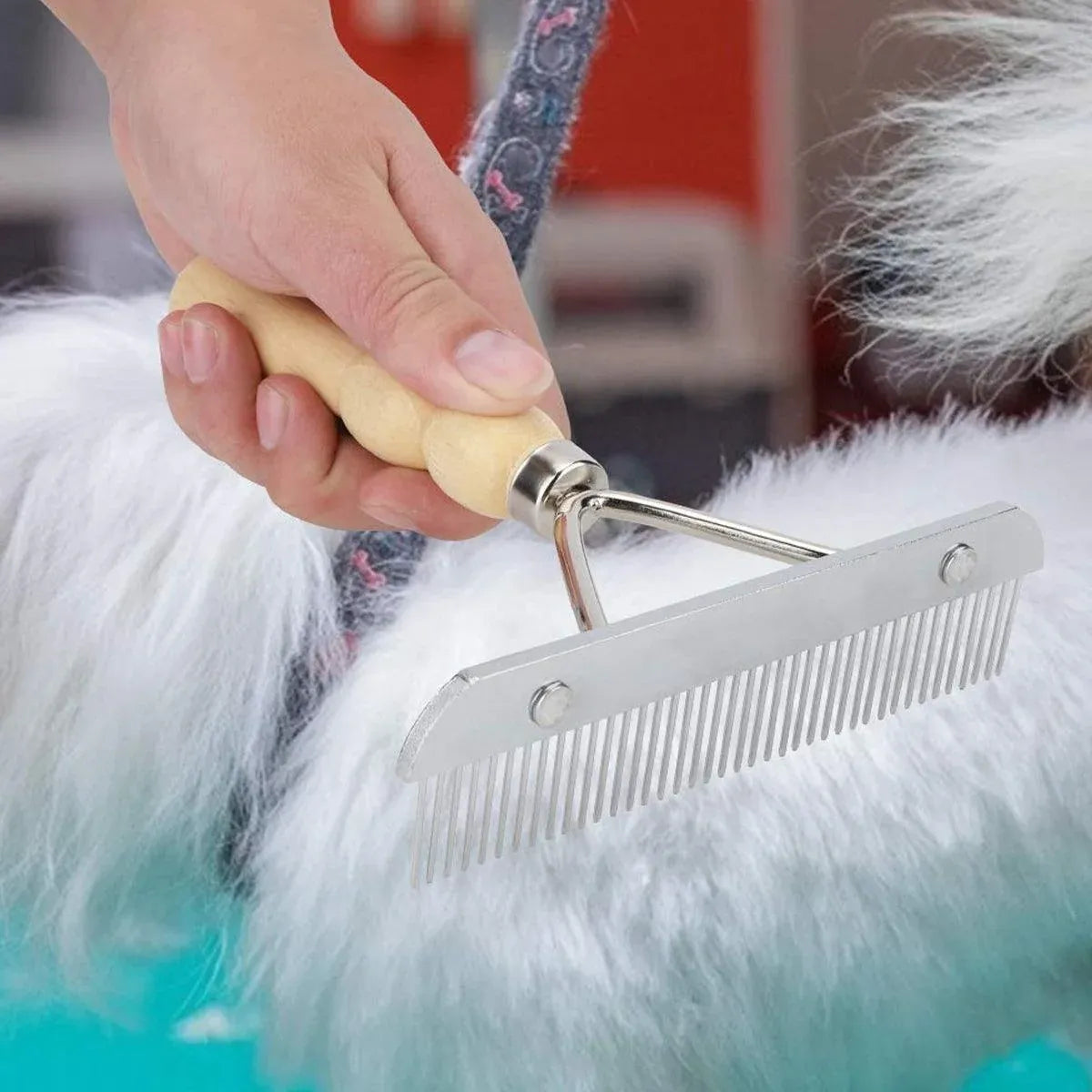 Wood-Handle Pet Grooming Rake & Deshedding Comb