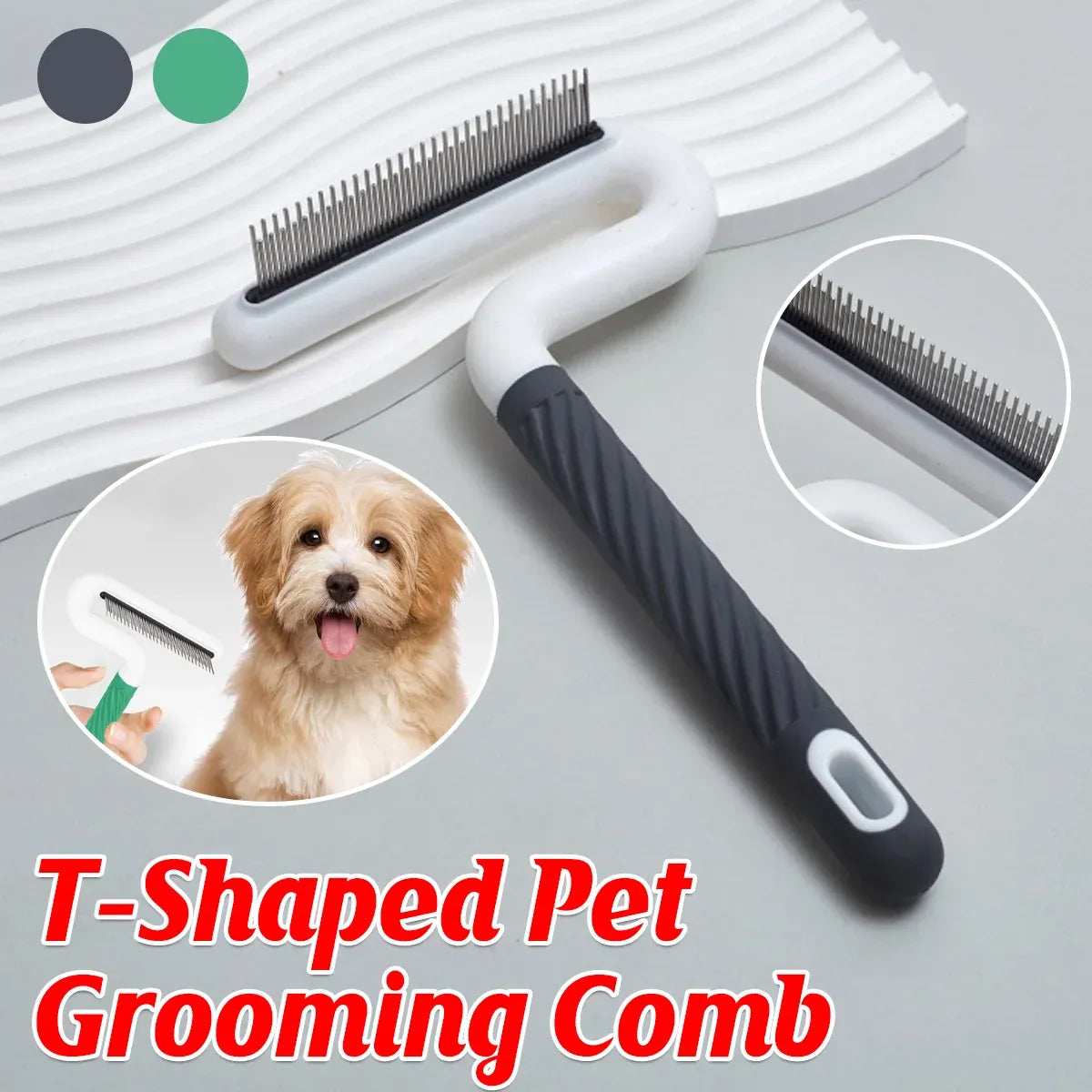 T-Handle Dual-Length Pet Grooming Rake Comb - Green, 18.5 cm