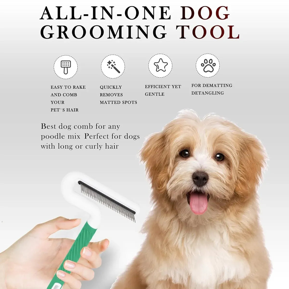T-Handle Dual-Length Pet Grooming Rake Comb - Green, 18.5 cm