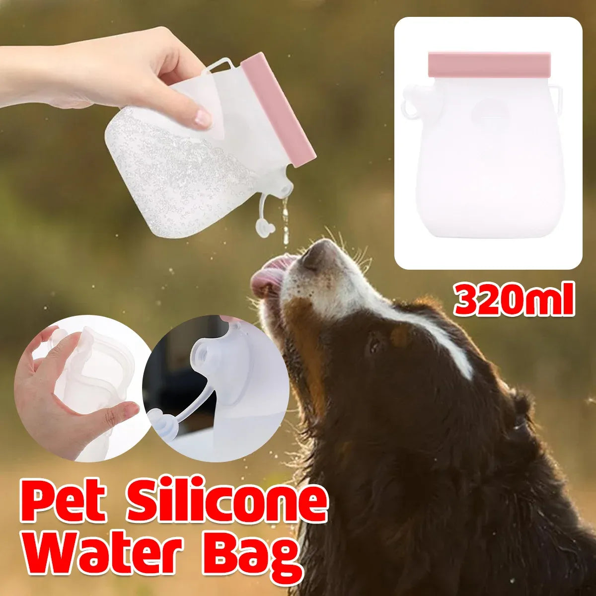 Portable Silicone Pet Water Bottle - Pink, 320 mL