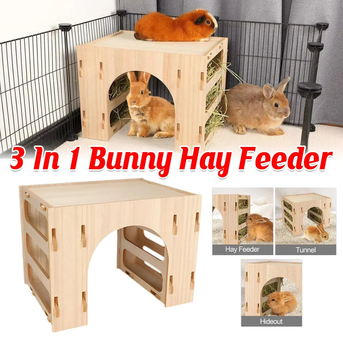 Three-in-One Small Pet Wooden Hay Feeder & Hideaway