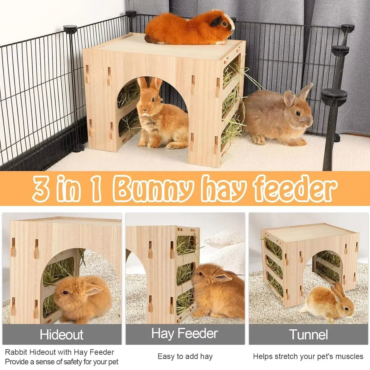 Three-in-One Small Pet Wooden Hay Feeder & Hideaway