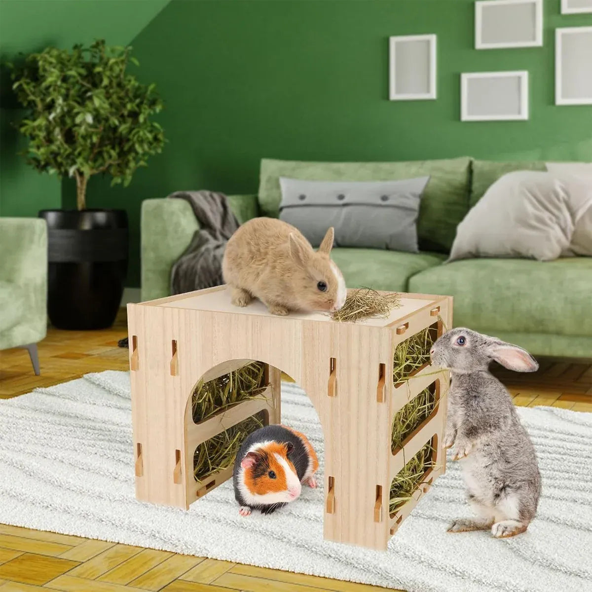 Three-in-One Small Pet Wooden Hay Feeder & Hideaway