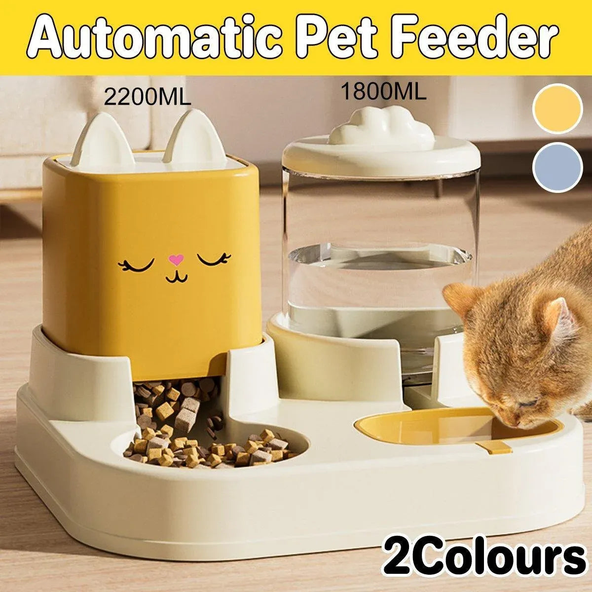 Cartoon-Style Gravity Pet Food & Water Station - Blue, 2.2 L + 1.8 L