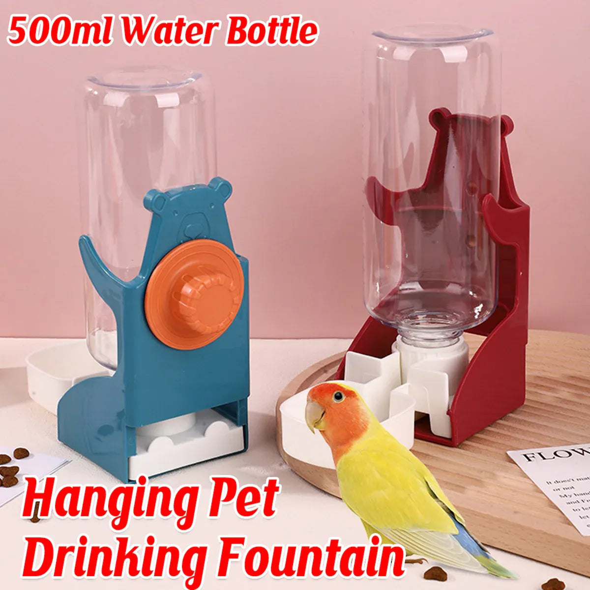 Gravity-Fed Hanging Pet Water Dispenser - Blue, 500 mL