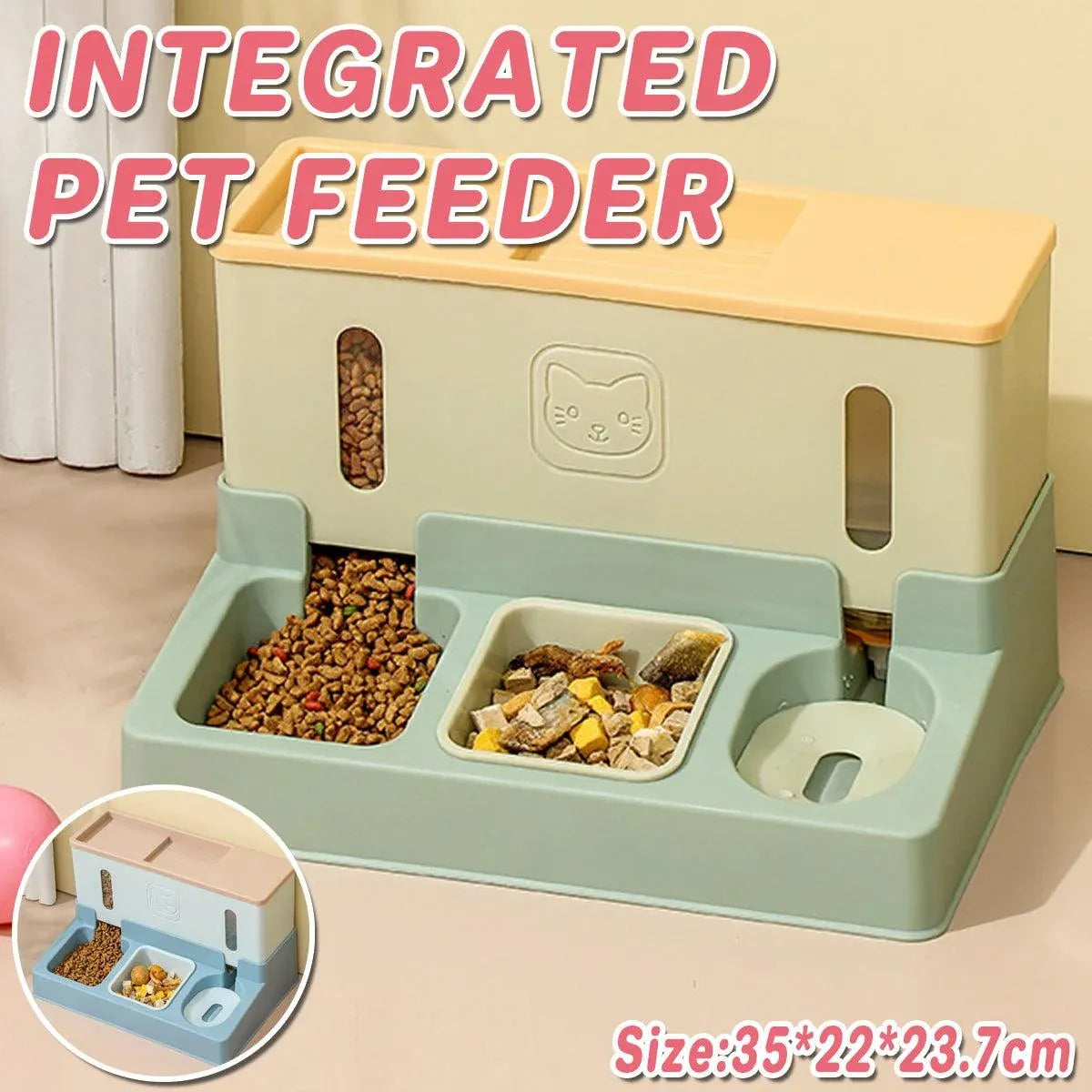 Gravity-Fed Pet Food & Water Dispenser, Green, 35 × 23.7 × 22 cm