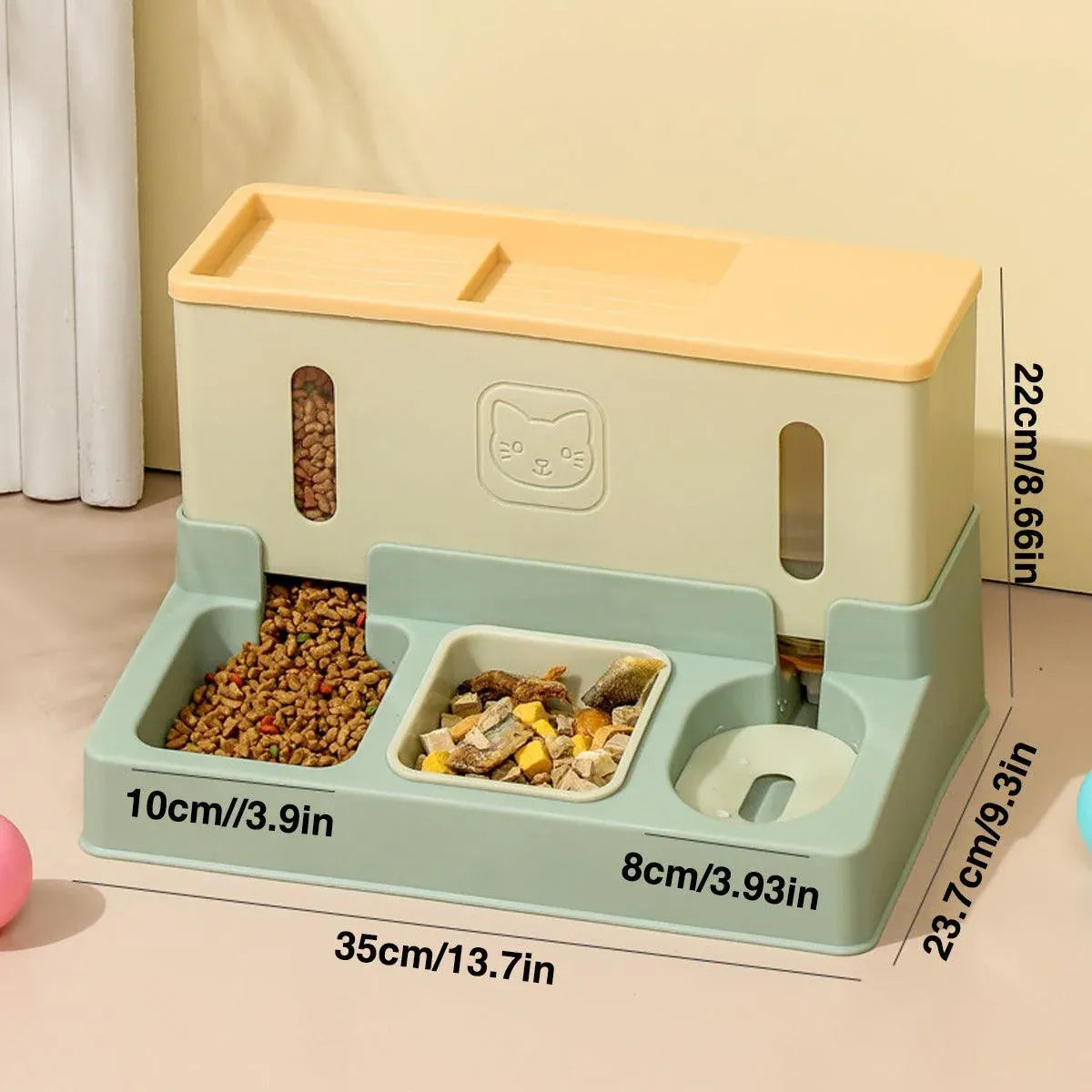 Gravity-Fed Pet Food & Water Dispenser, Green, 35 × 23.7 × 22 cm