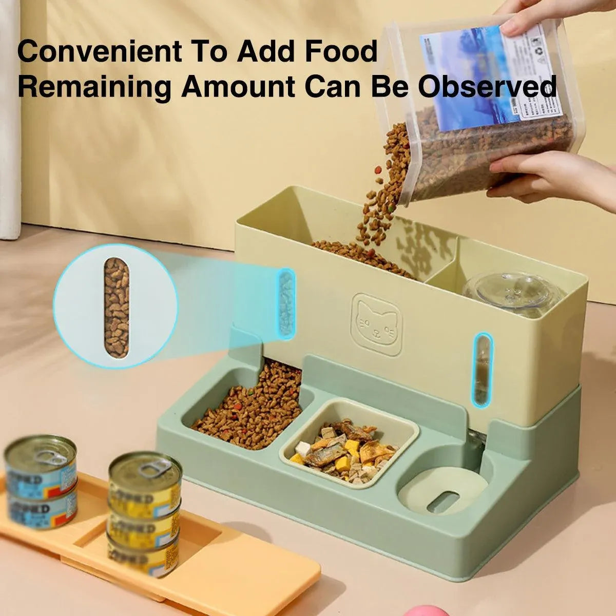 Gravity-Fed Pet Food & Water Dispenser, Green, 35 × 23.7 × 22 cm