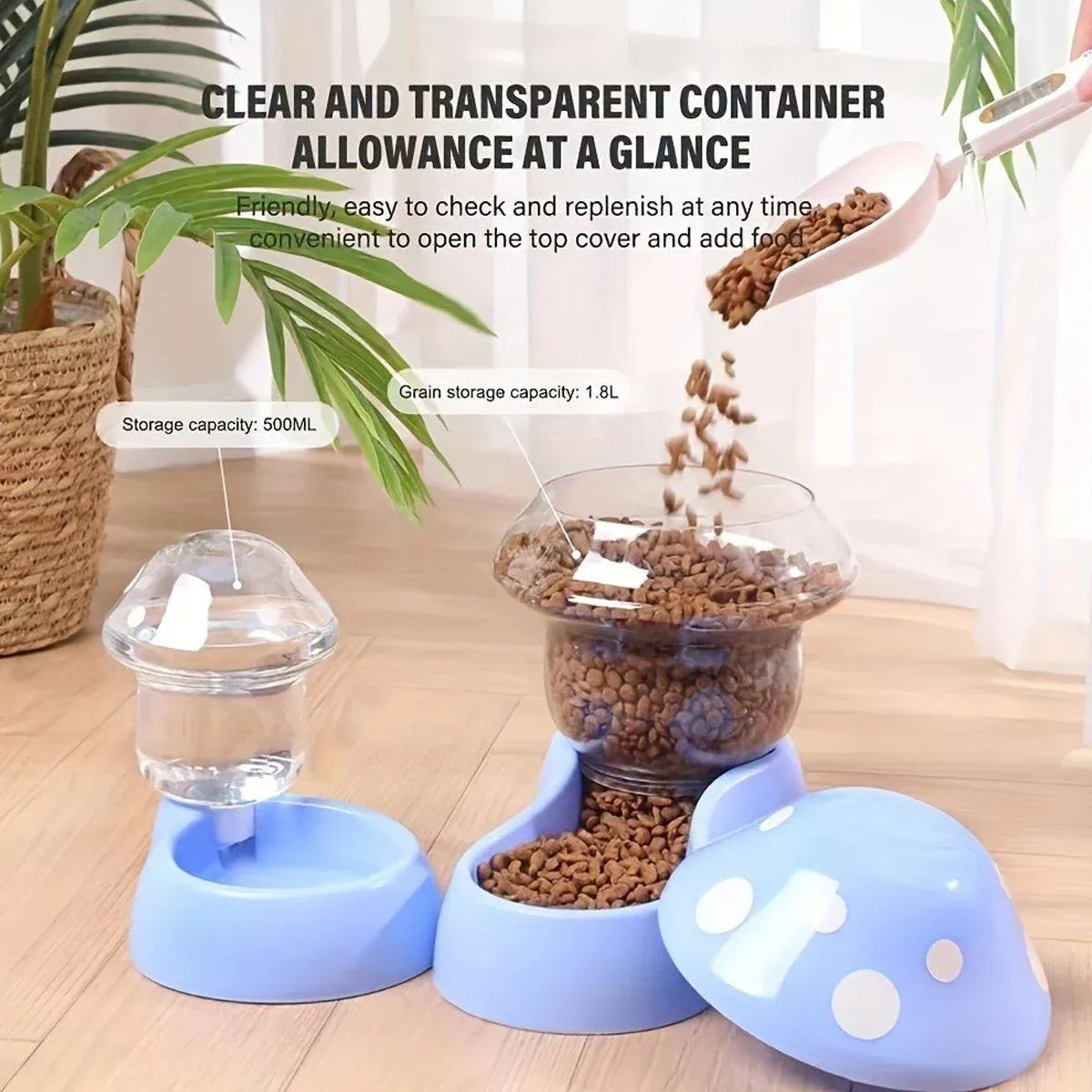 Mushroom-Style Gravity Pet Food & Water Dispenser Set – Blue