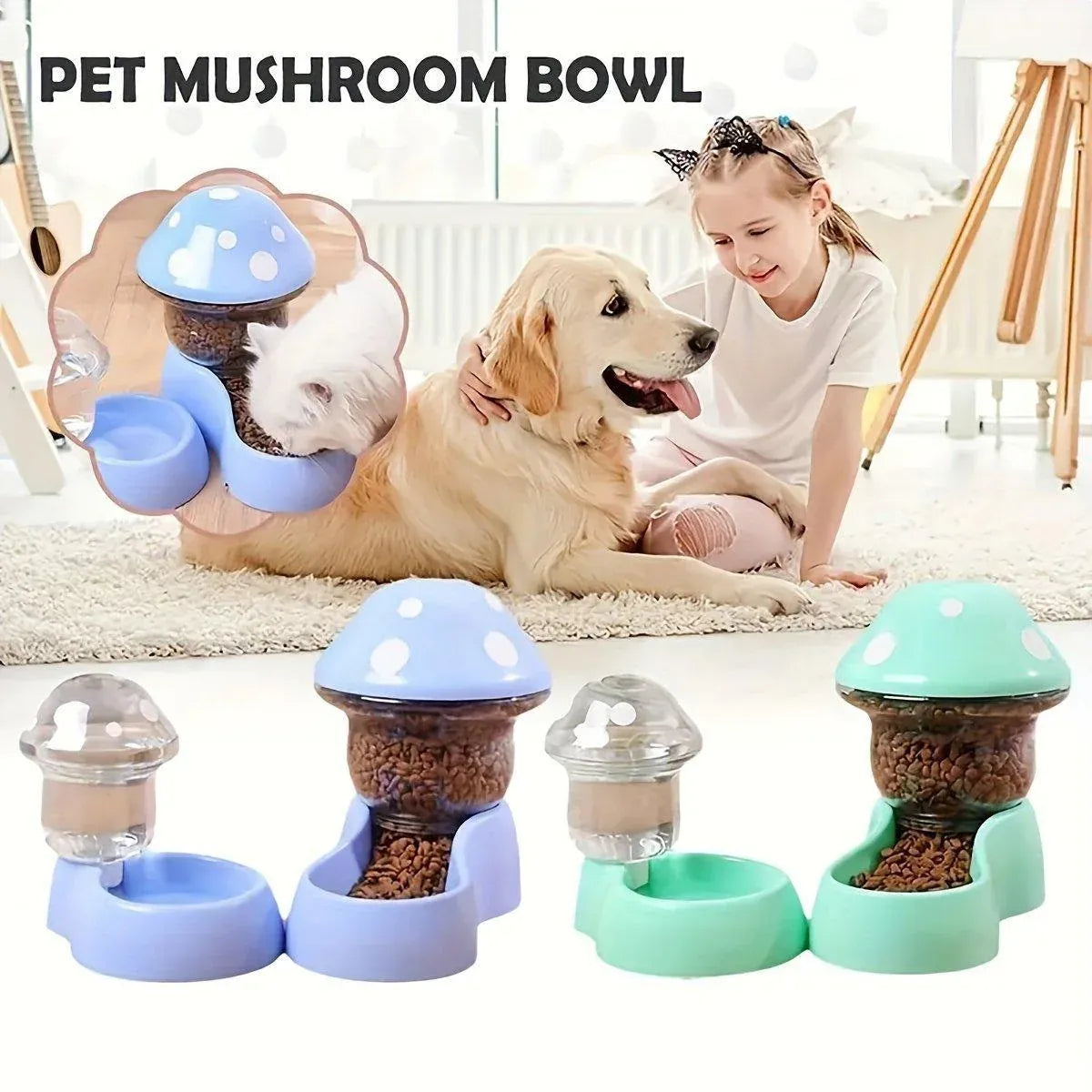 Mushroom-Style Gravity Pet Food & Water Dispenser Set – Green