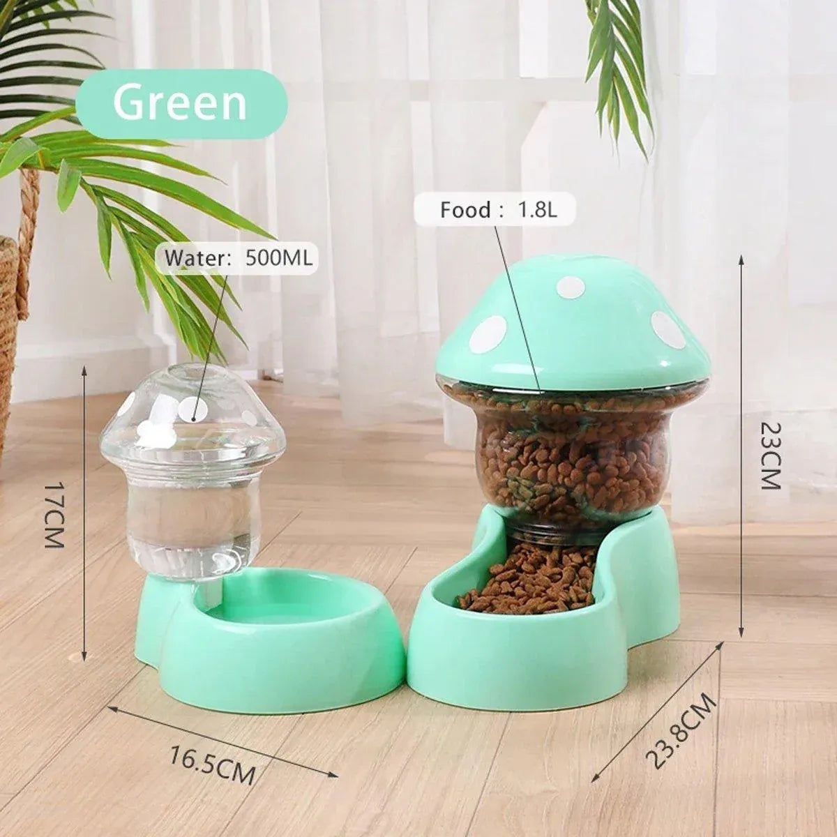 Mushroom-Style Gravity Pet Food & Water Dispenser Set – Green