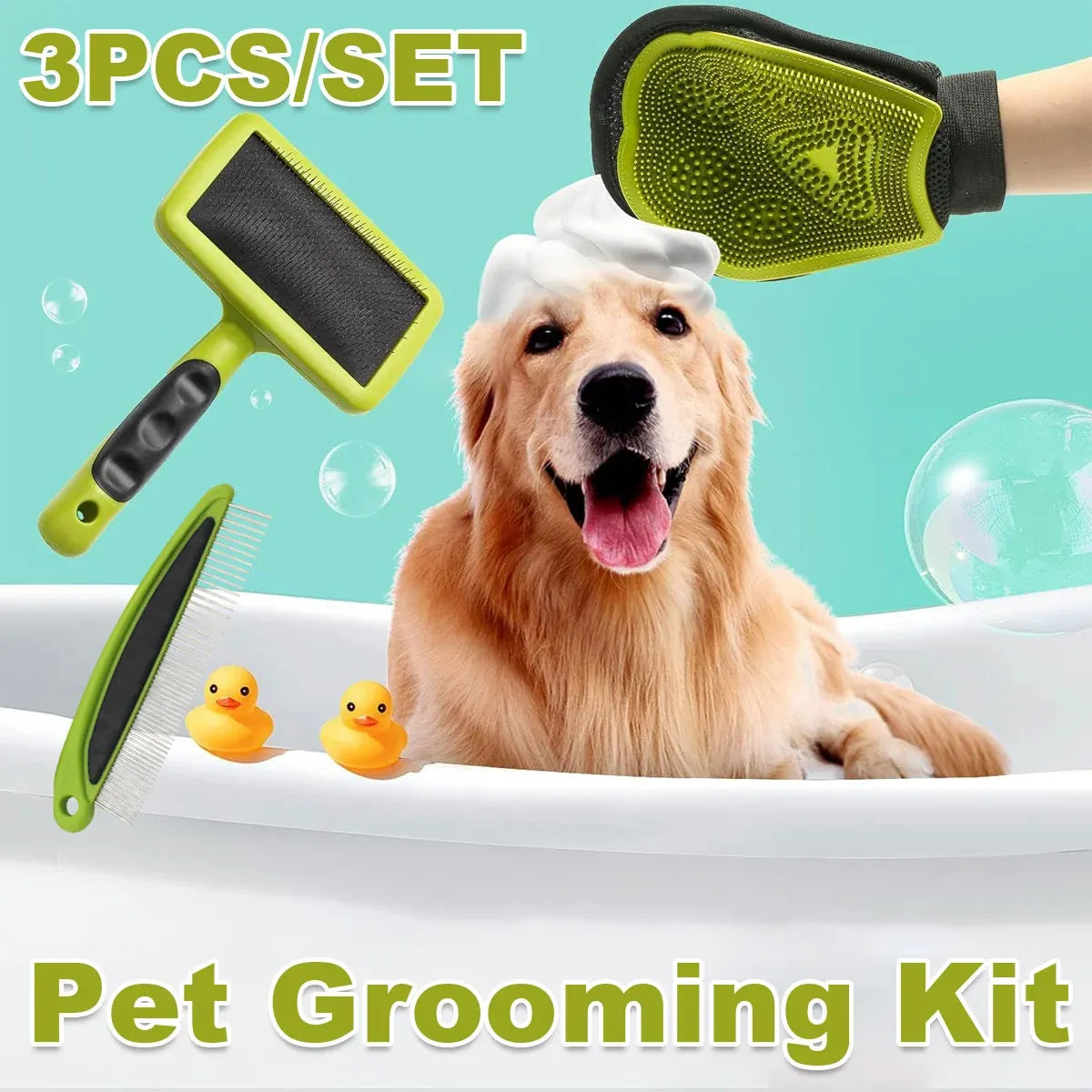 Three-Piece Pet Grooming Glove & Comb Set - Green