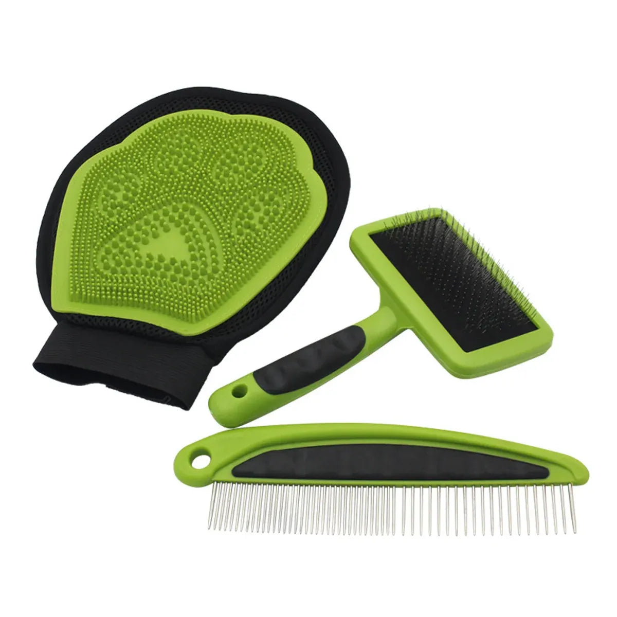 Three-Piece Pet Grooming Glove & Comb Set - Green