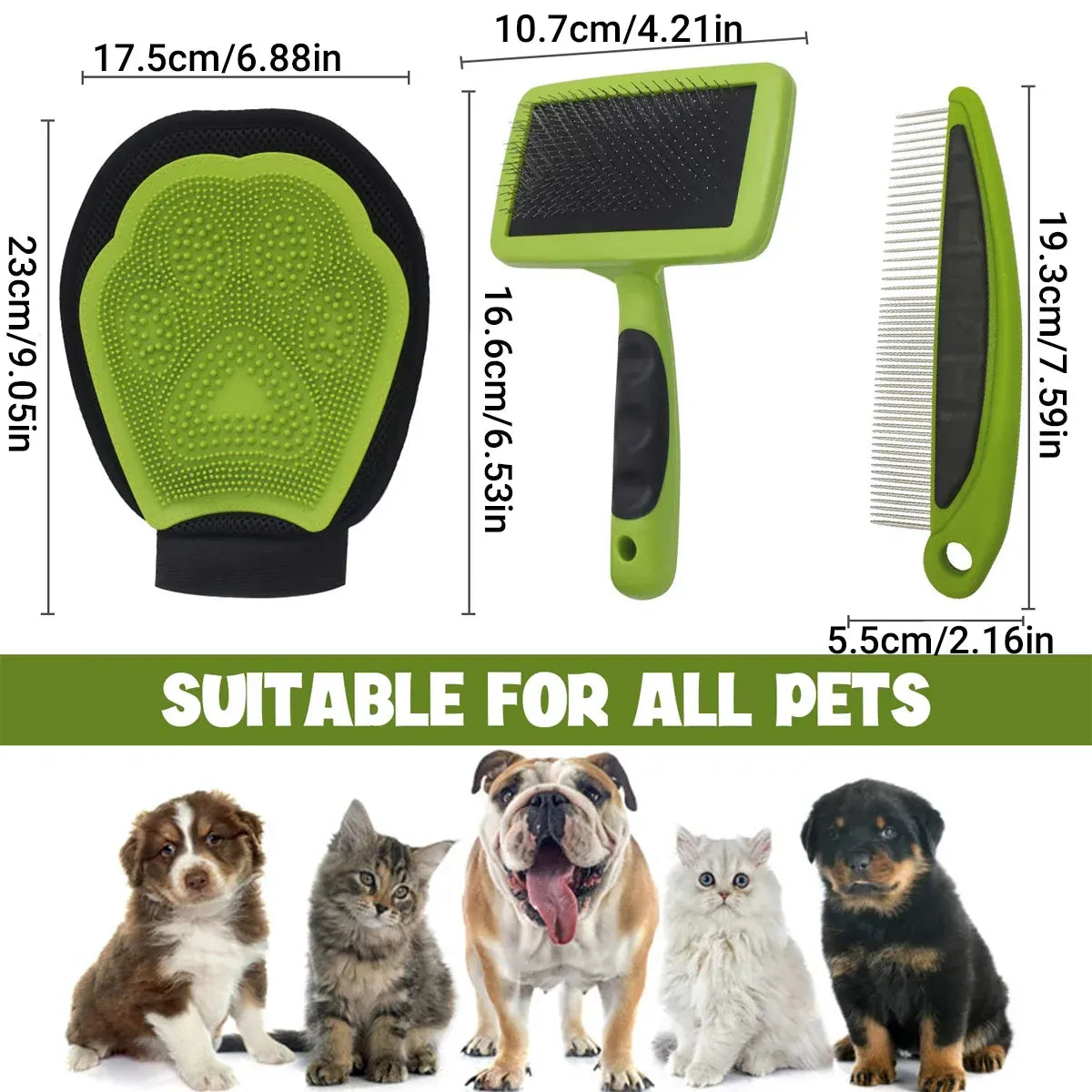 Three-Piece Pet Grooming Glove & Comb Set - Green