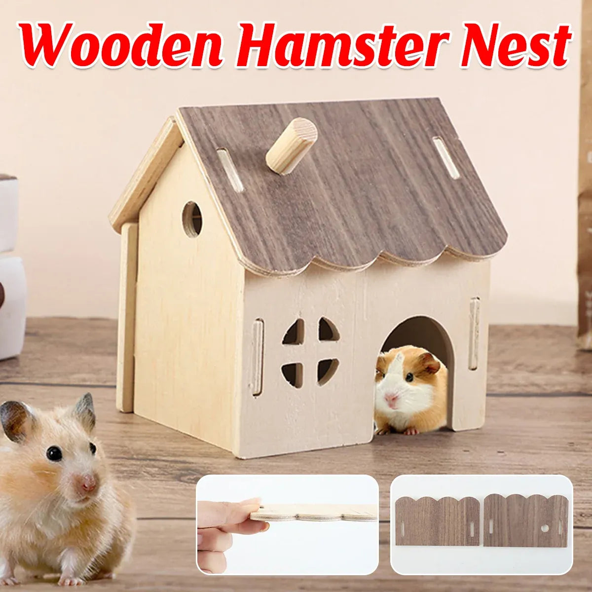 Wooden Hamster Hideaway House - Natural, 13 × 11 × 13 cm