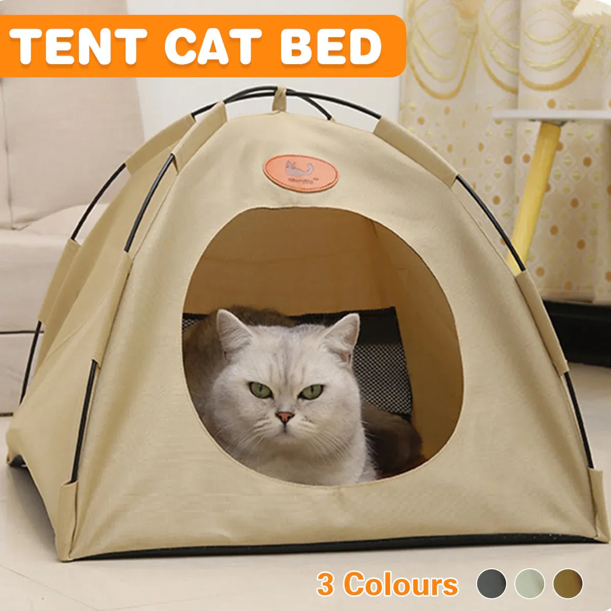 Foldable Cat Tent & Cave Bed, Beige, Large 48 × 48 × 42 cm