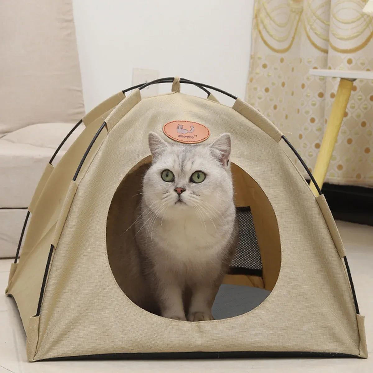 Foldable Cat Tent & Cave Bed, Beige, Large 48 × 48 × 42 cm