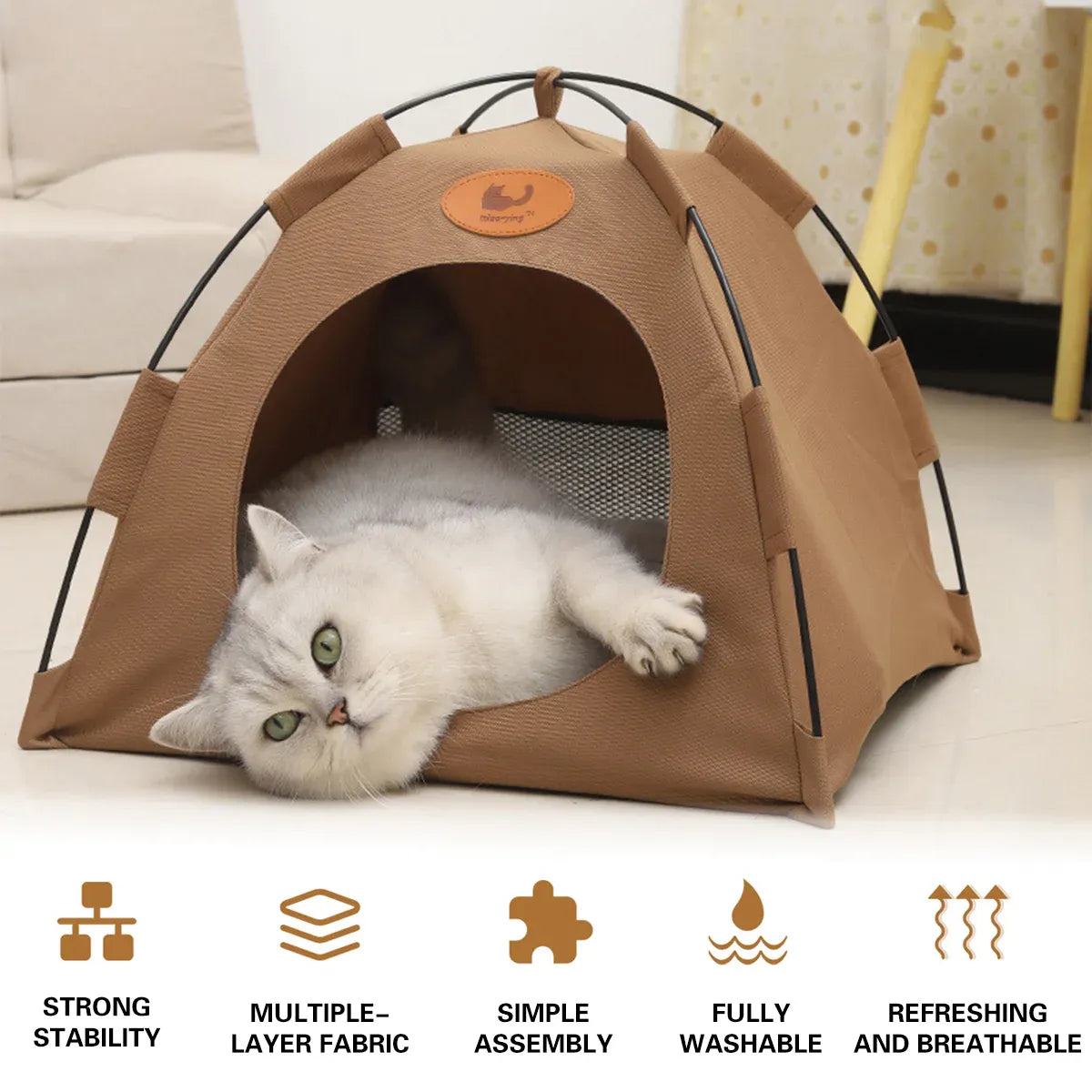 Foldable Cat Tent & Cave Bed, Beige, Large 48 × 48 × 42 cm