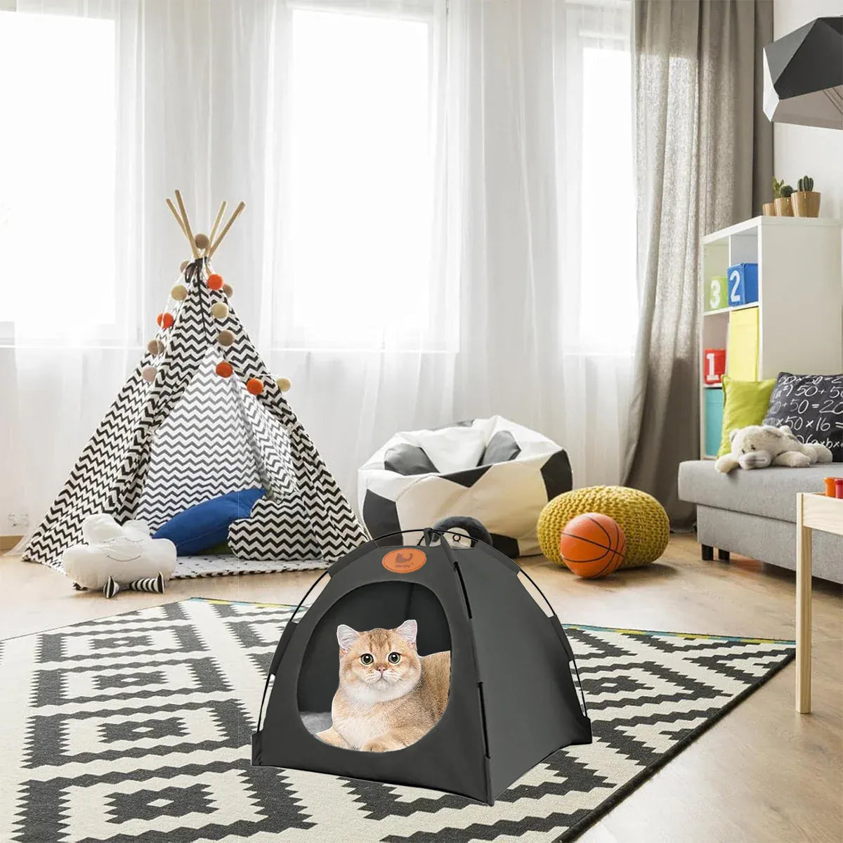 Foldable Cat Tent & Cave Bed, Beige, Large 48 × 48 × 42 cm