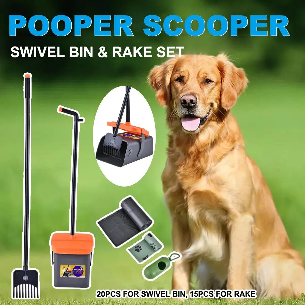 Foldable Dog Waste Scoop with Rake & Bin - Grey/Orange