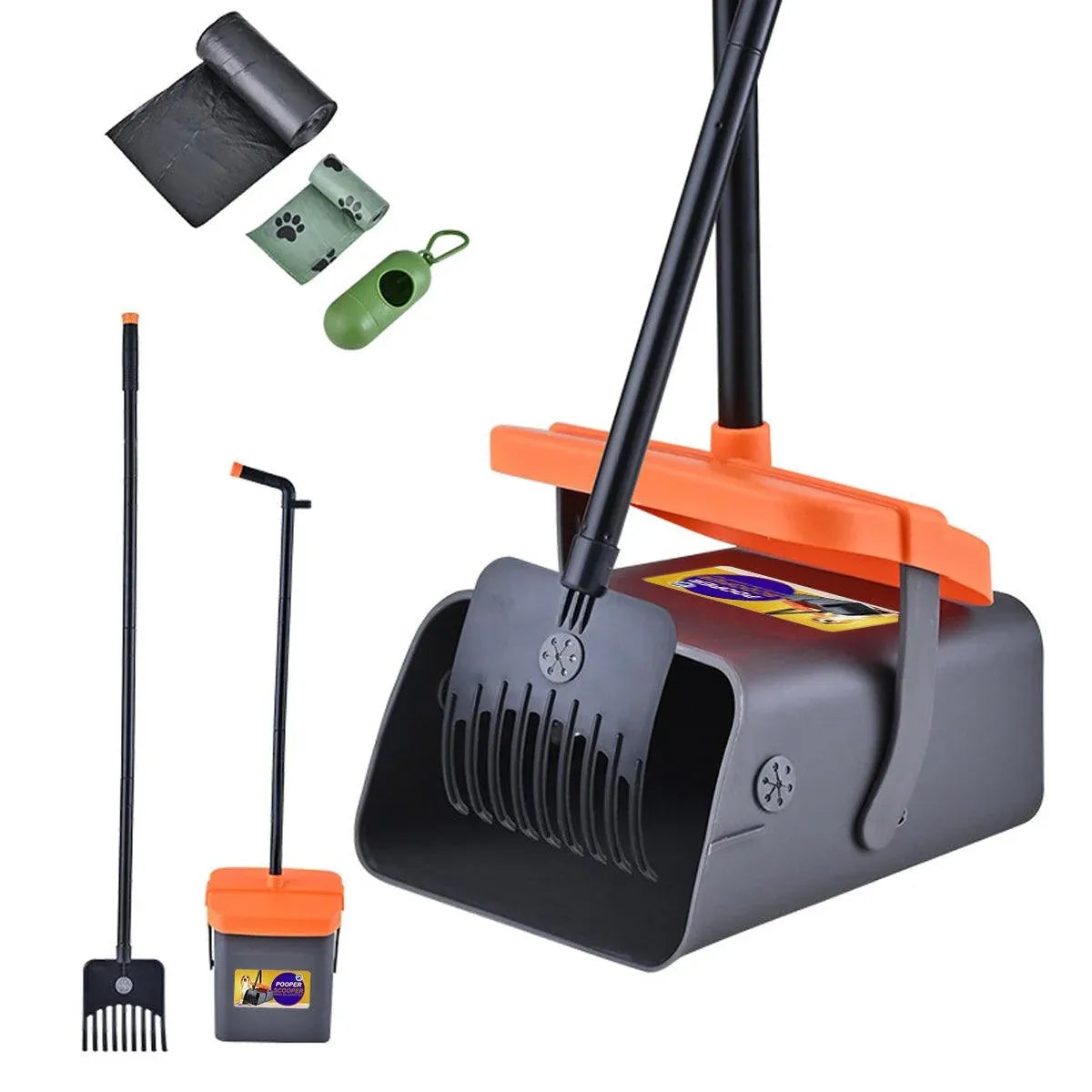 Foldable Dog Waste Scoop with Rake & Bin - Grey/Orange