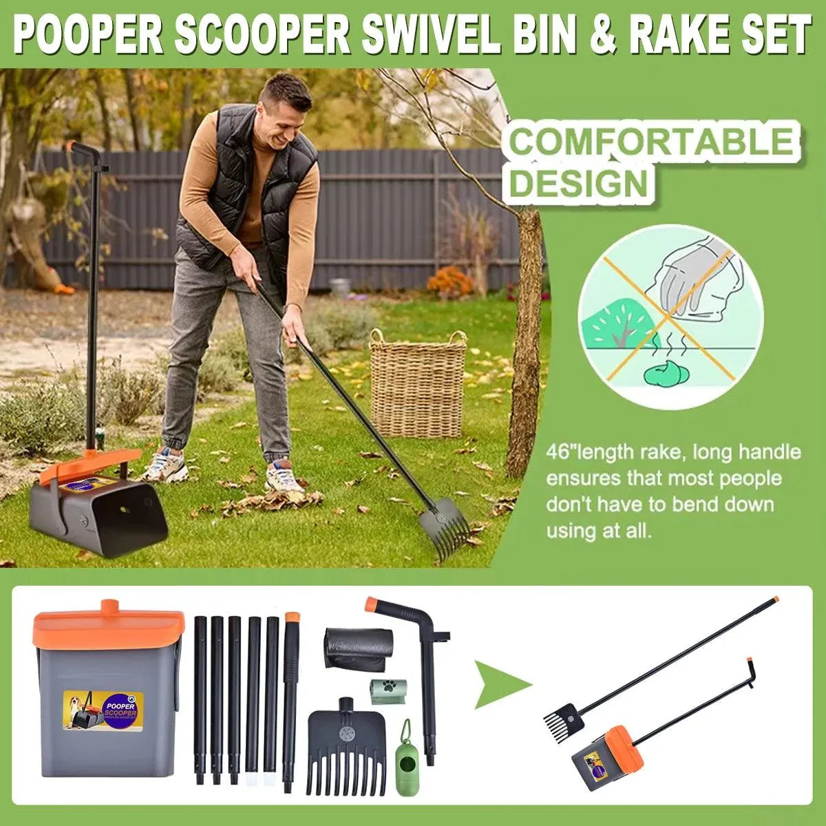 Foldable Dog Waste Scoop with Rake & Bin - Grey/Orange