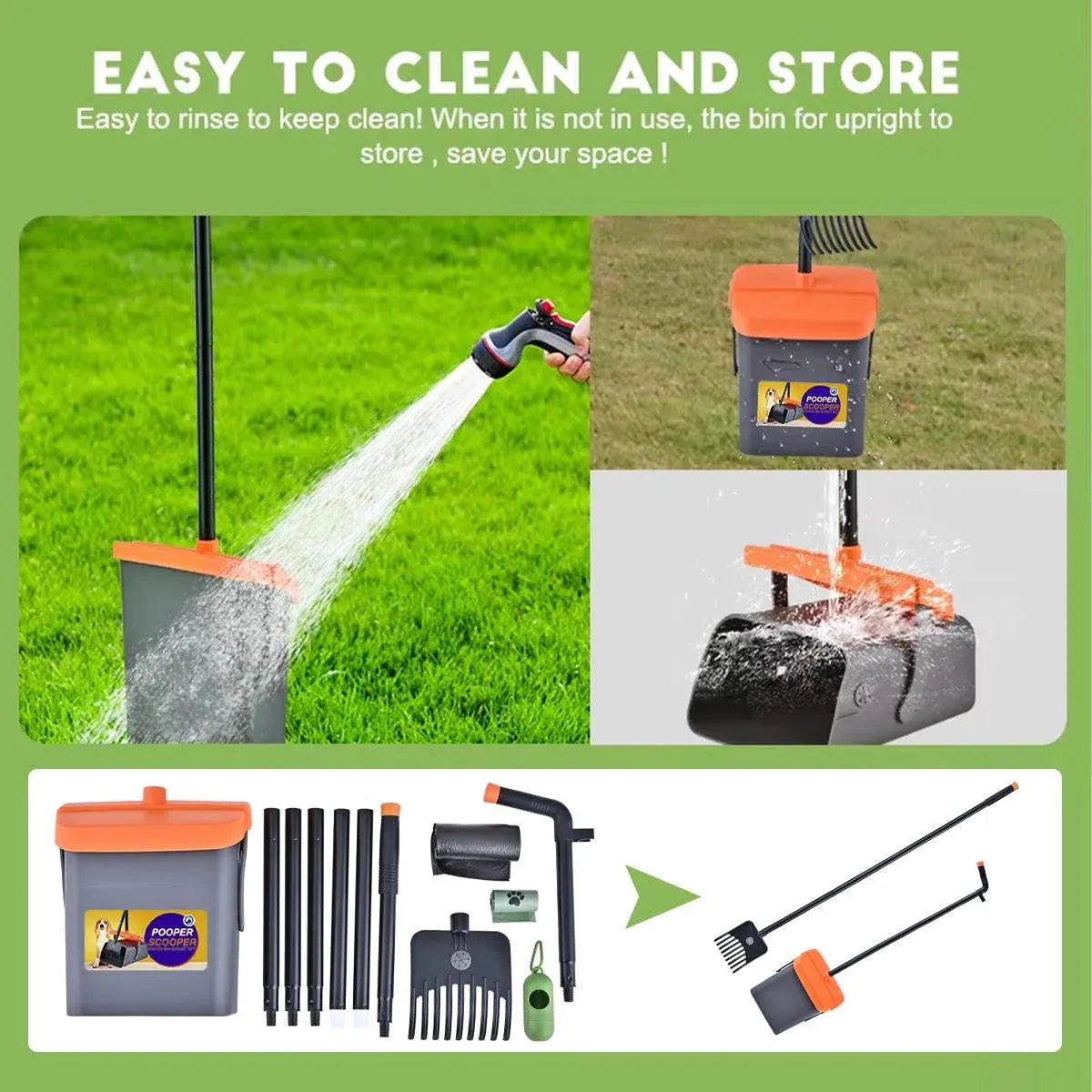 Foldable Dog Waste Scoop with Rake & Bin - Grey/Orange
