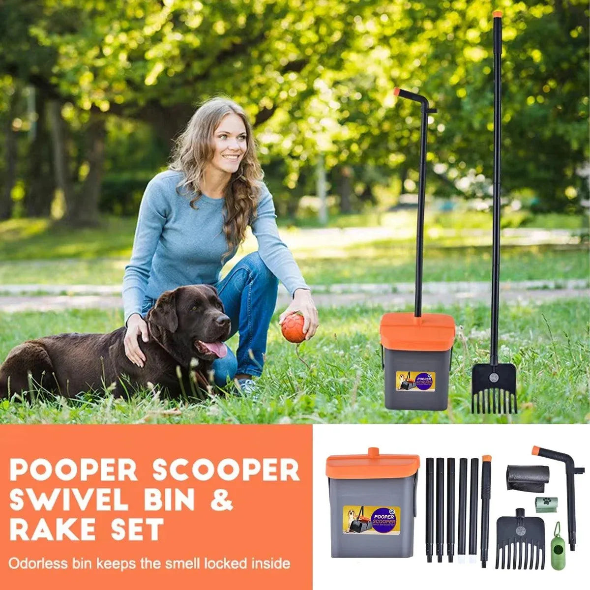 Foldable Dog Waste Scoop with Rake & Bin - Grey/Orange