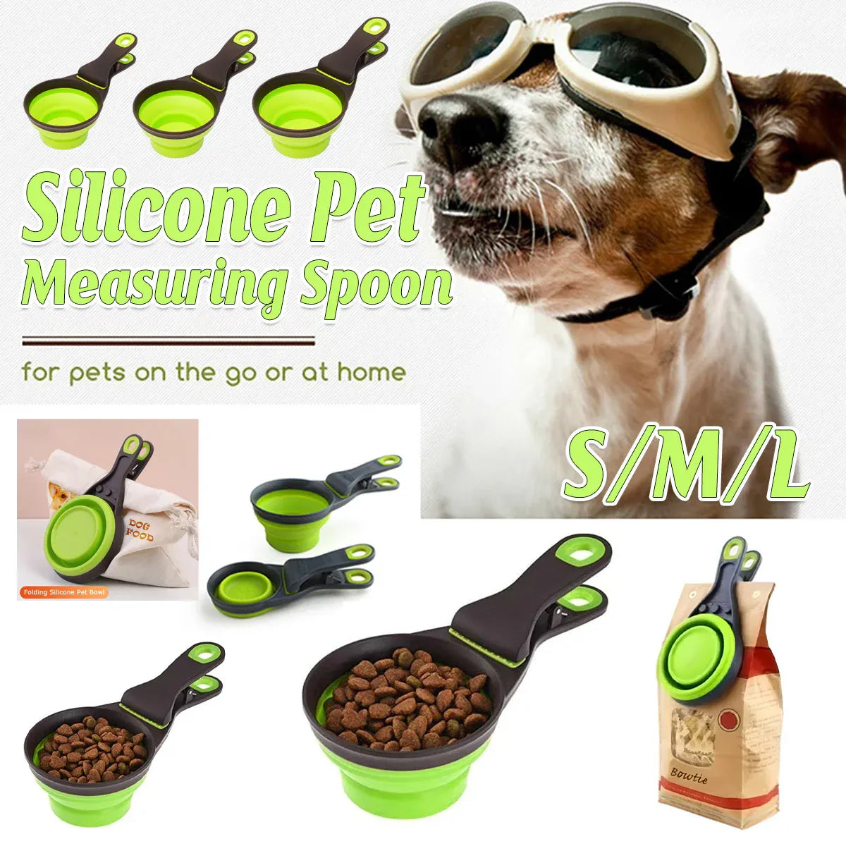 Folding Silicone Pet Food Scoop & Bag Clip - Green, Medium, 9.8 × 19 cm
