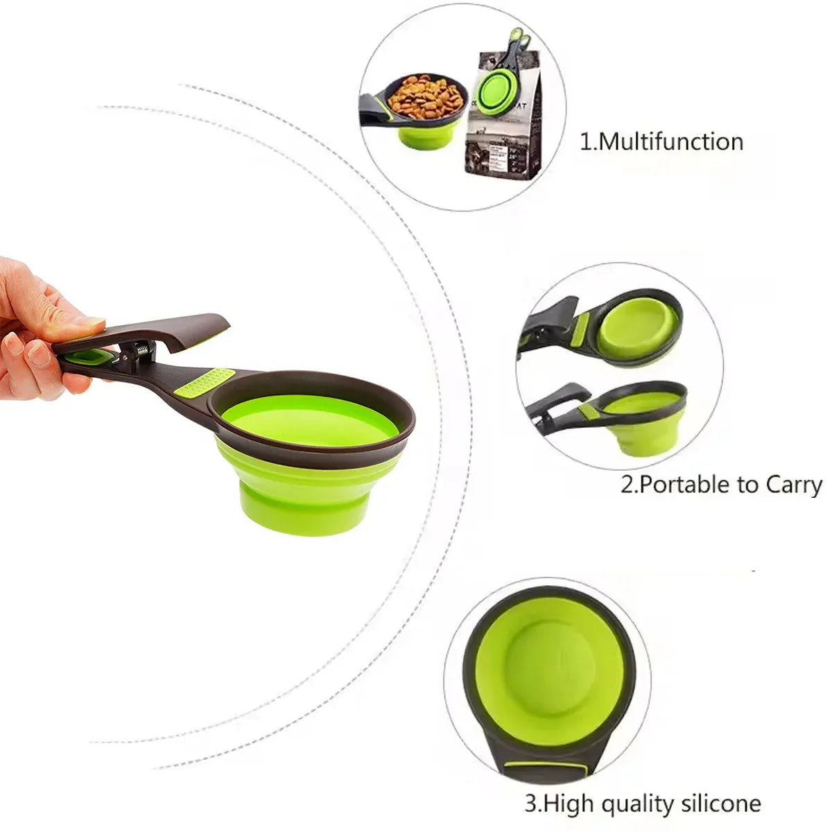 Folding Silicone Pet Food Scoop & Bag Clip - Green, Small, 7.6 × 16.8 cm