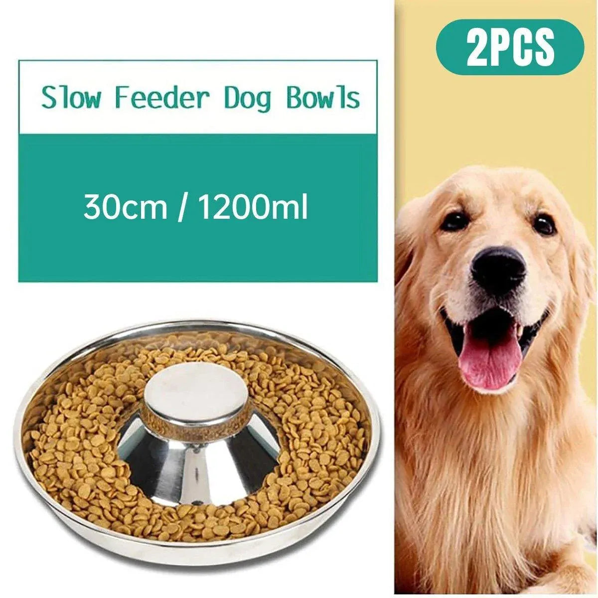 Stainless-Steel Slow-Feed Pet Bowls with Non-Slip Bases, 2-Pack, 30 cm