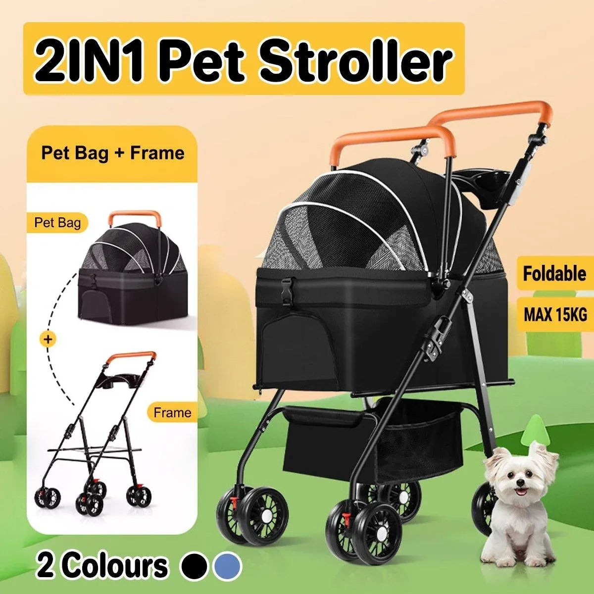 Folding 2-in-1 Pet Stroller with Detachable Carrier - Black, 15 kg