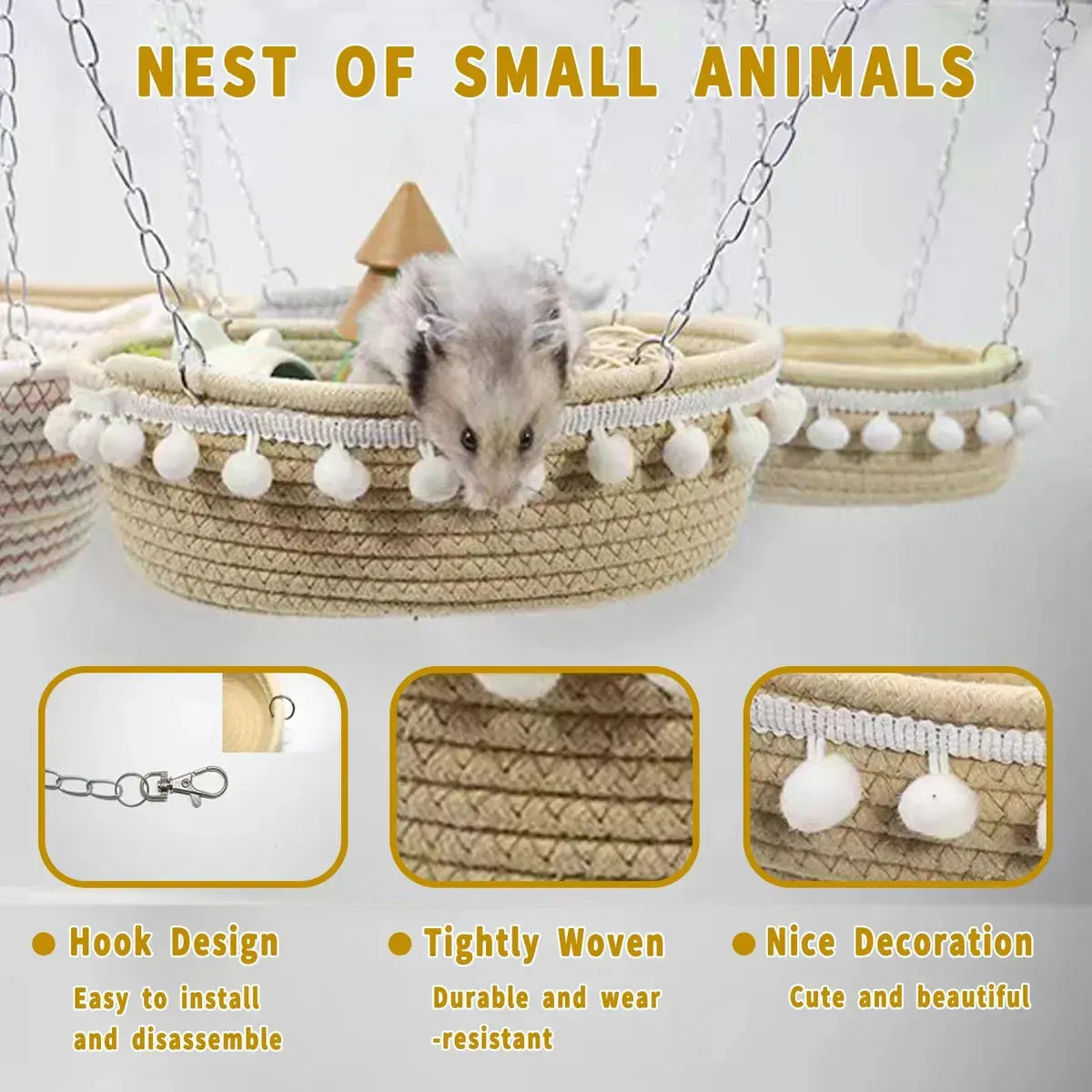 Woven Hanging Small Pet Hammock - Beige, 20 cm