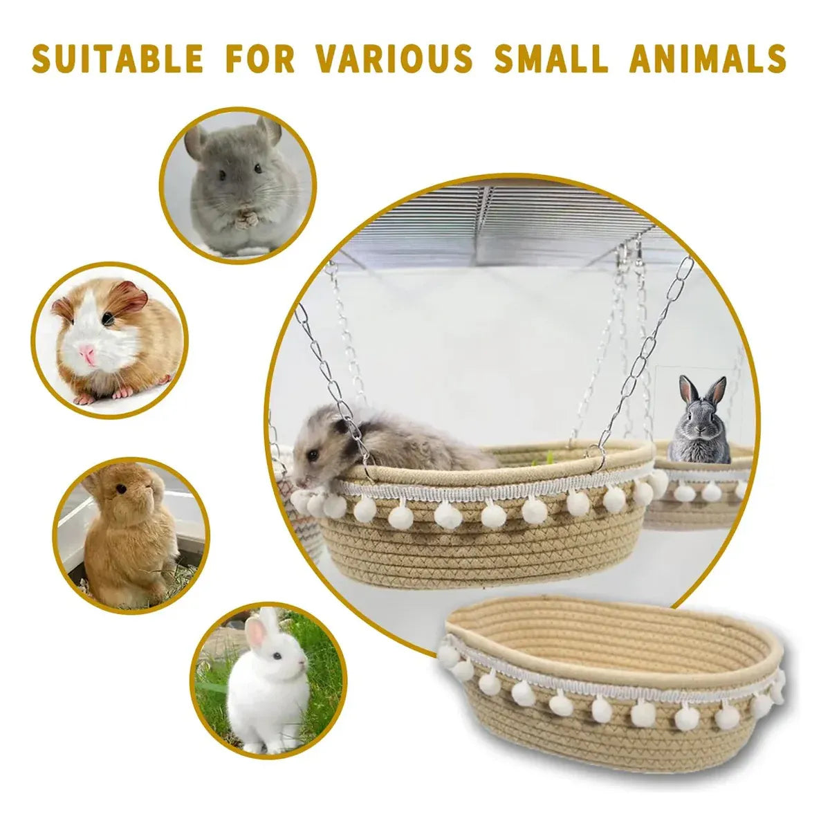 Woven Hanging Small Pet Hammock - Beige, 20 cm