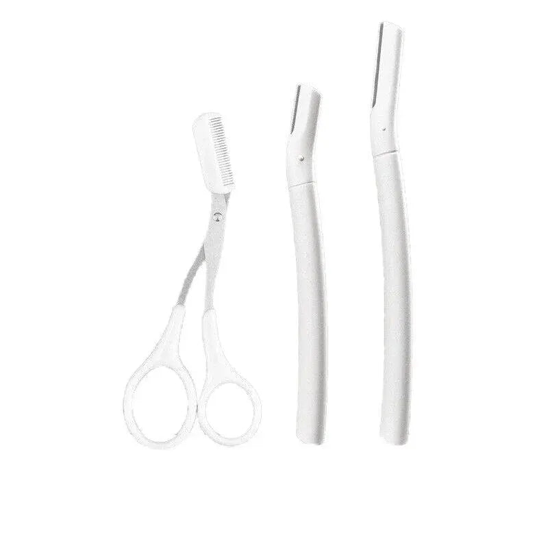 3Pcs Eyebrow Razor Set Facial Trimmer Shaver Blade Hair Remover Beauty Tool - Short+Long Eyebrow Razor+Scissor-White
