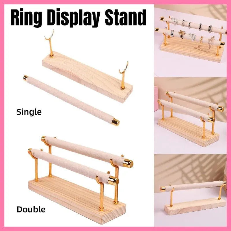 Simple Wooden Jewellery Organizer Rack Ring Display Stand for Rings Earrings - Double