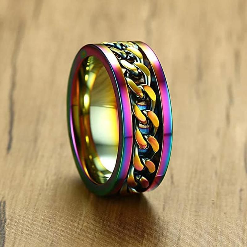 Spinner Rings Mens Womens Fidget Rotating Ring Silver Stainless Steel Size 11 - Rainbow
