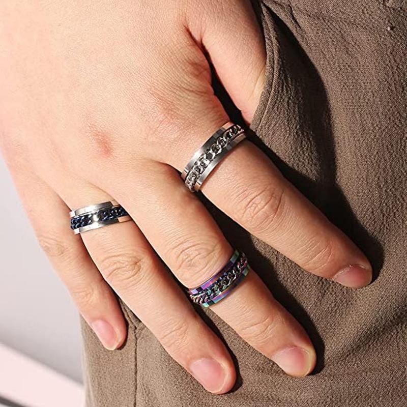 Spinner Rings Mens Womens Fidget Rotating Ring Silver Stainless Steel Size 12 - Rainbow