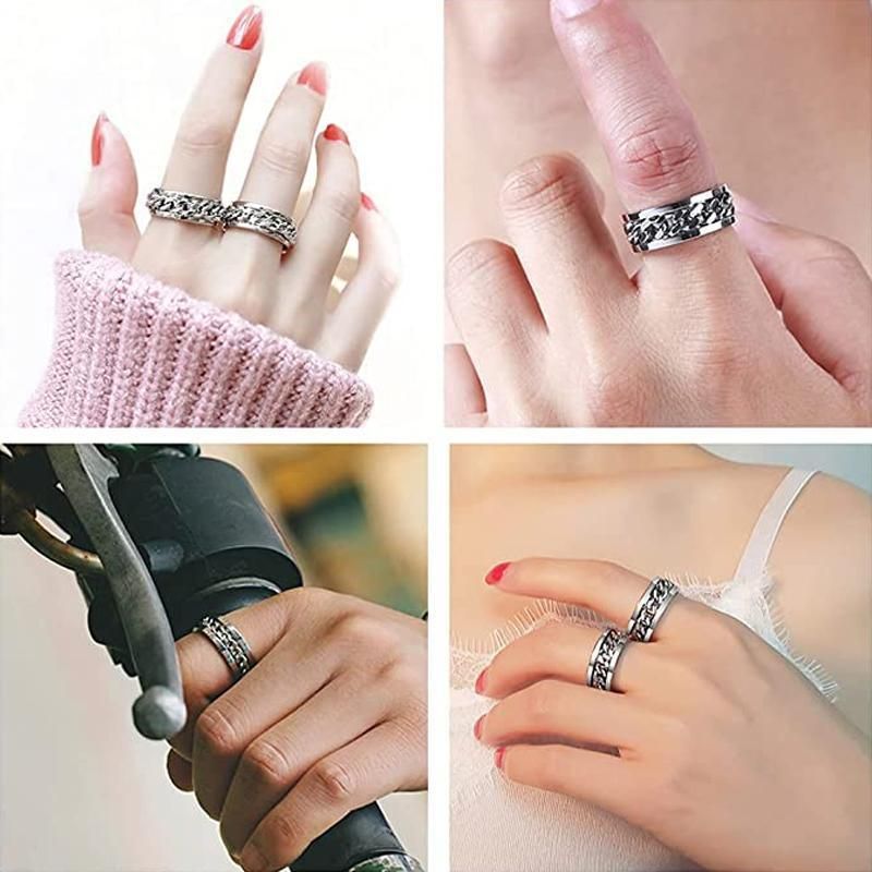 Spinner Rings Mens Womens Fidget Rotating Ring Silver Stainless Steel Size 12 - Rainbow