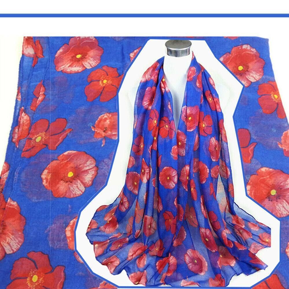 Women Ladies Poppy Print Floral Scarf Remembrance Day Poppies Scarves Wrap Shawl - White