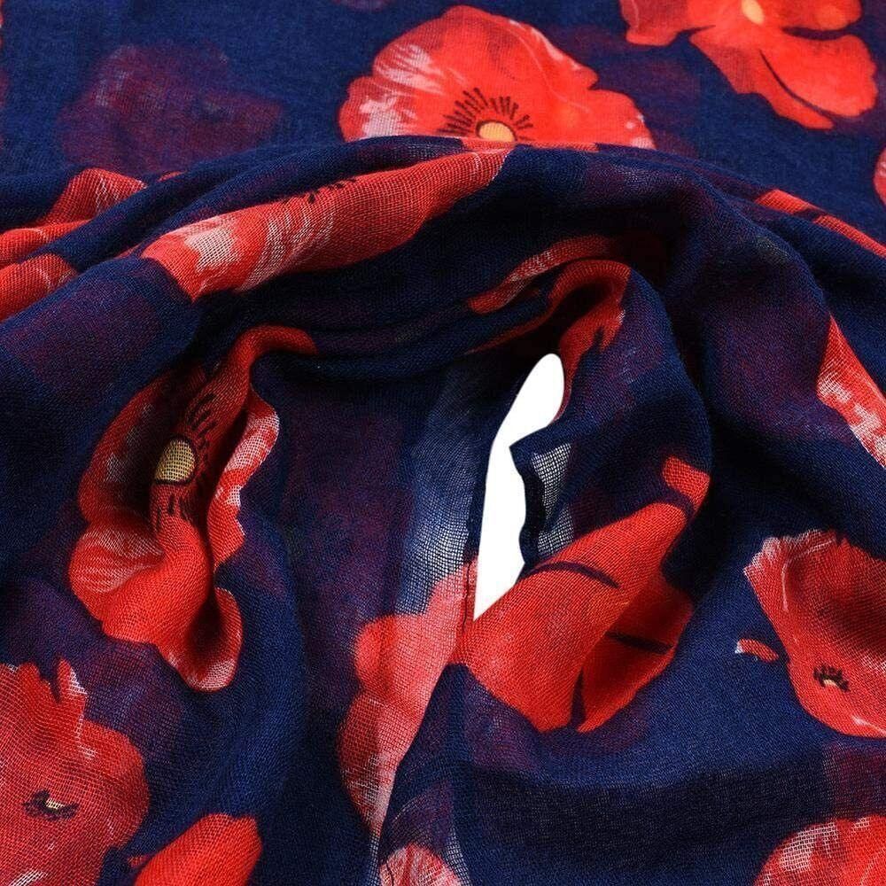 Women Ladies Poppy Print Floral Scarf Remembrance Day Poppies Scarves Wrap Shawl - White