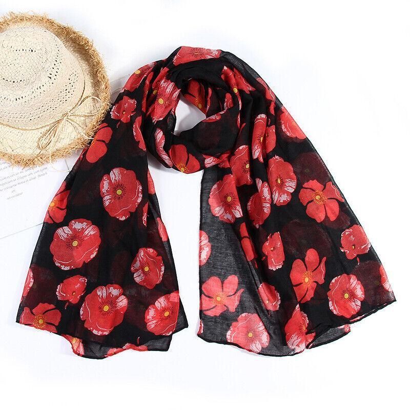 Women Ladies Poppy Print Floral Scarf Remembrance Day Poppies Scarves Wrap Shawl - White