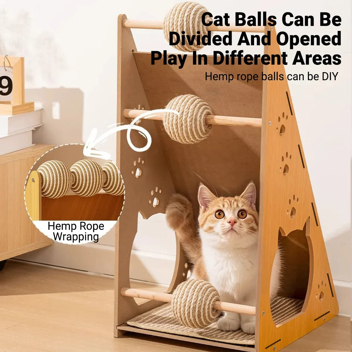 Wall-Mountable Sisal Cat Scratching Panel with Toy Balls - 57 cm