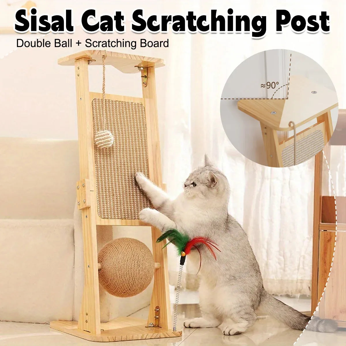 Wooden Corner Cat Scratching Panel with Hanging Toys - 70 cm