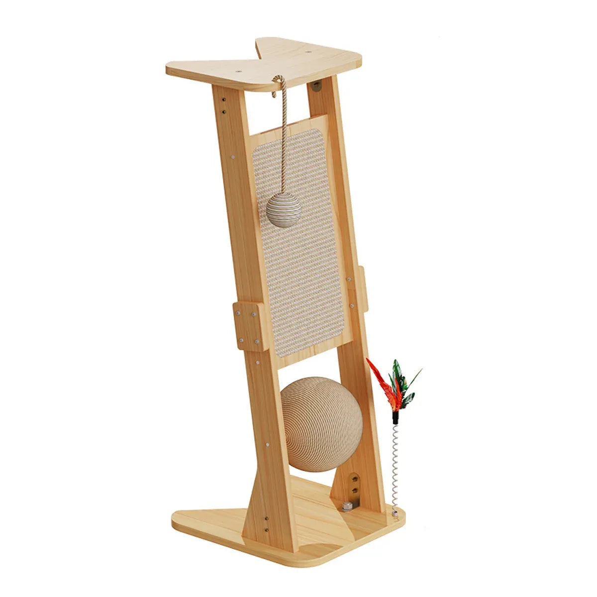 Wooden Corner Cat Scratching Panel with Hanging Toys - 70 cm