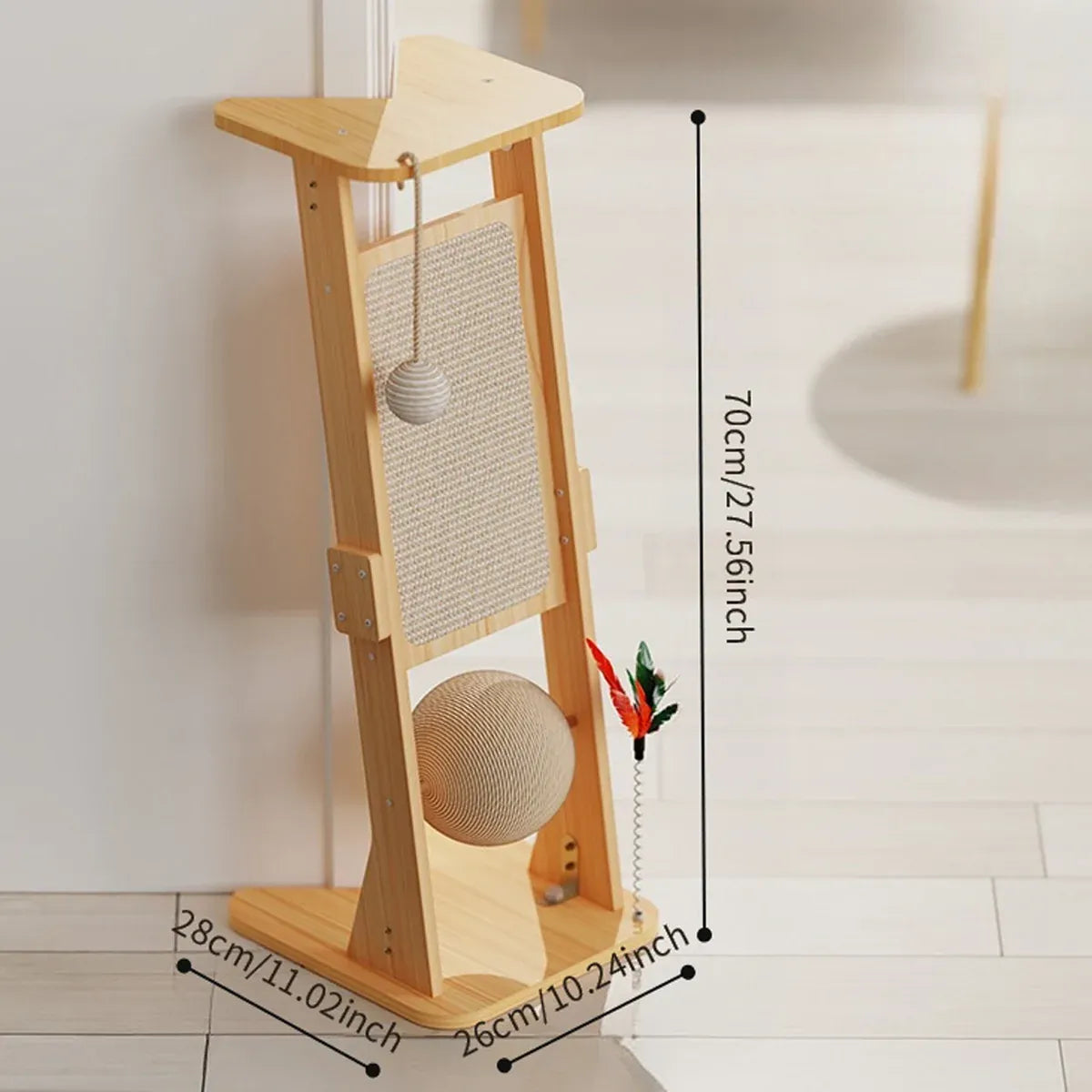 Wooden Corner Cat Scratching Panel with Hanging Toys - 70 cm