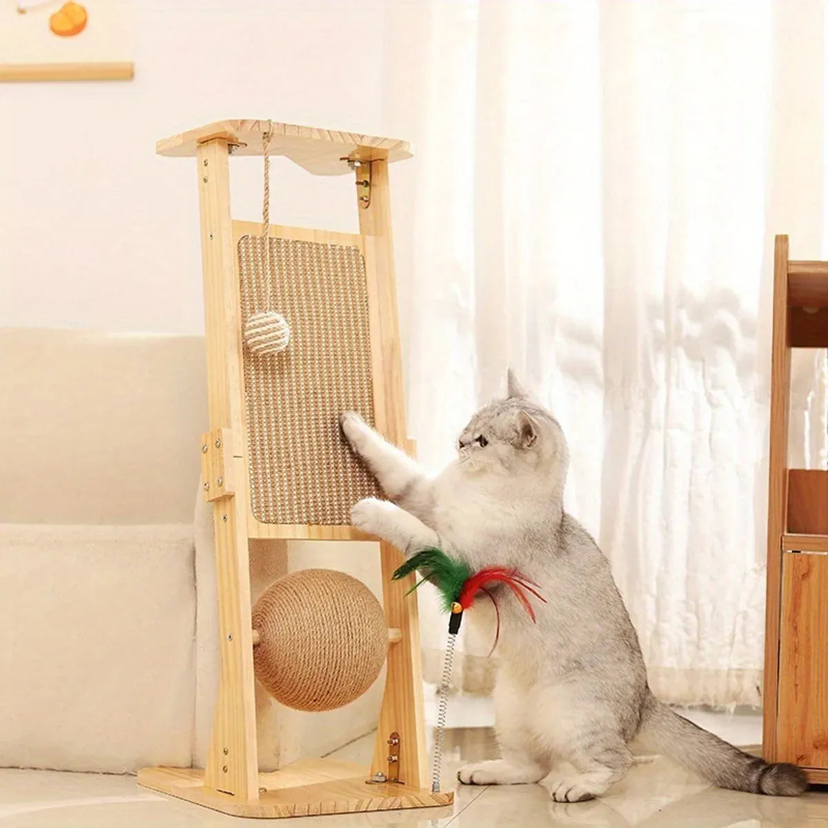 Wooden Corner Cat Scratching Panel with Hanging Toys - 70 cm