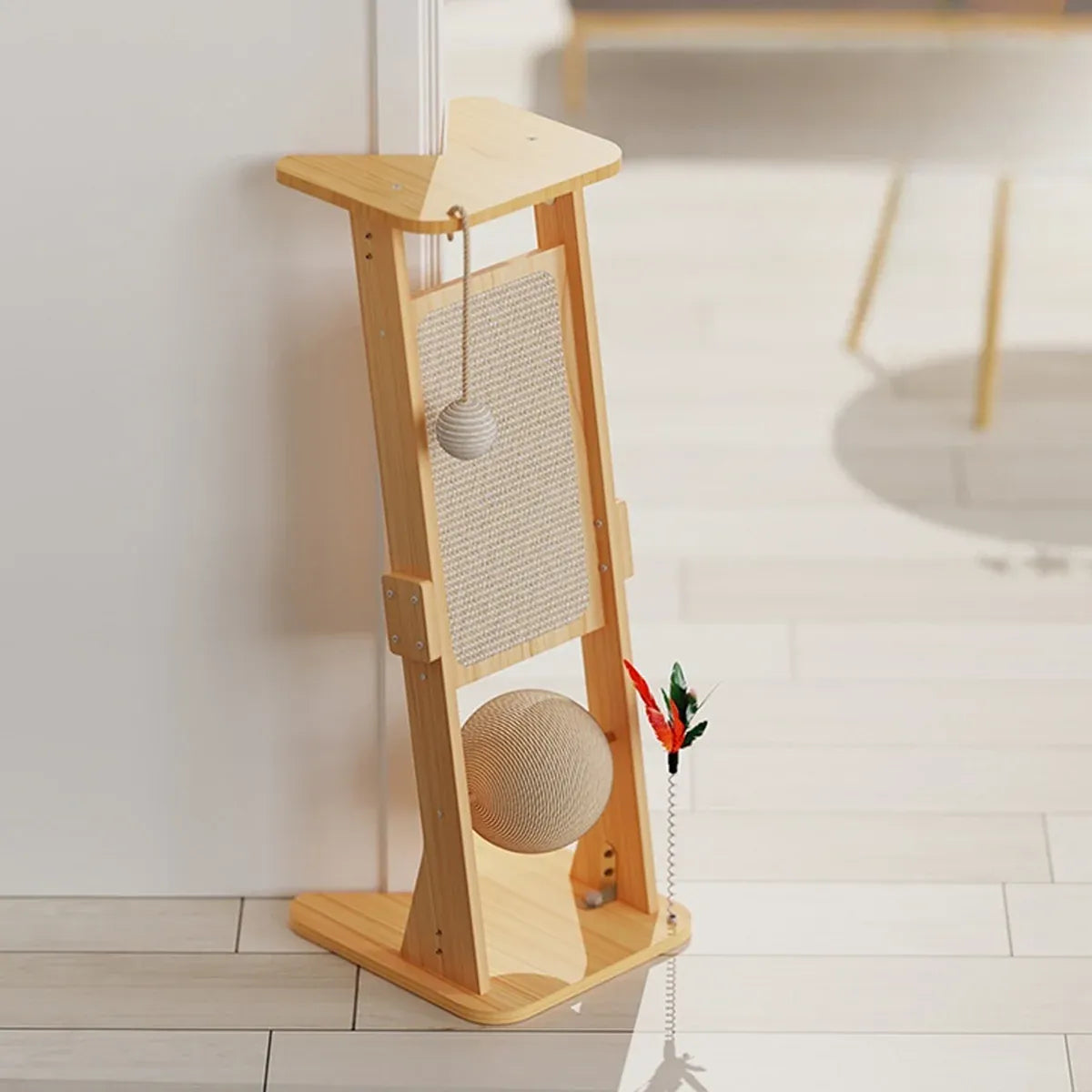 Wooden Corner Cat Scratching Panel with Hanging Toys - 70 cm